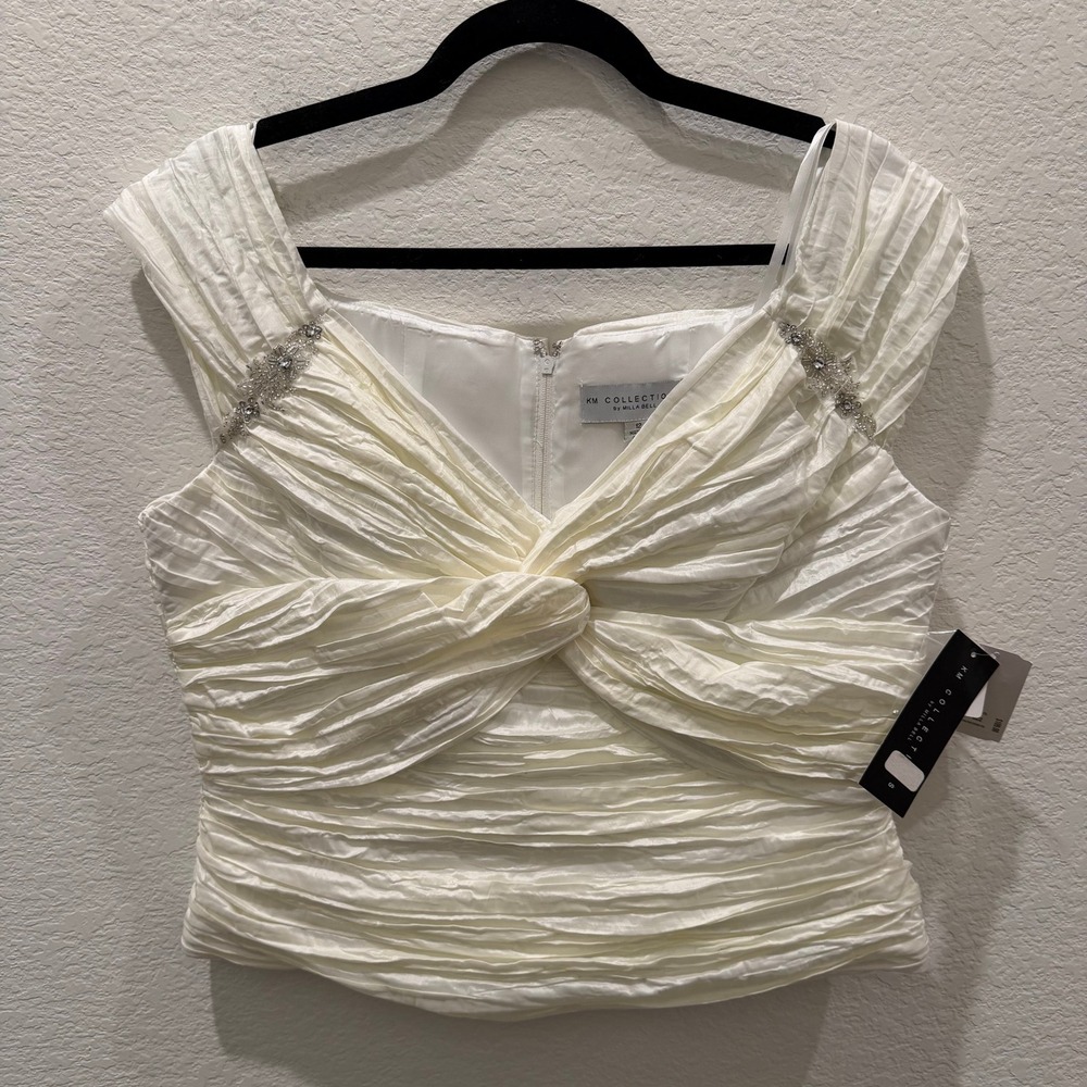 KM Collections by Milla Bell Ivory Pleated Formal Top Beaded Size 12 NWT 14674